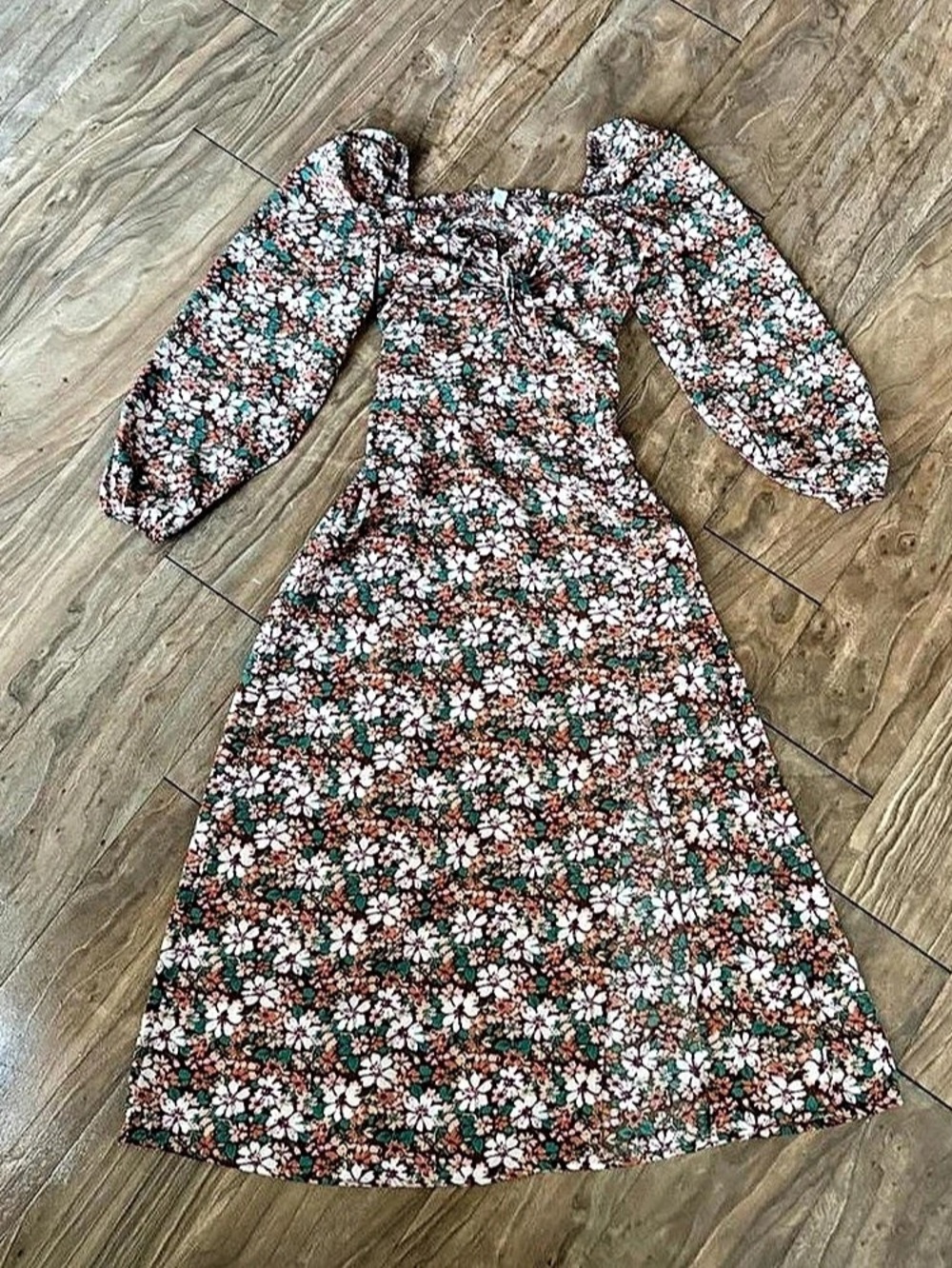 Womens Casual Square Neck Long Sleeve Boho Floral Midi Dress Print Side